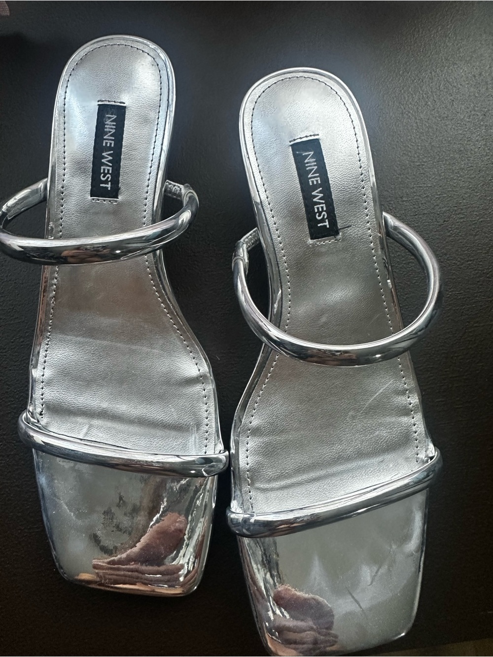 Nine West Silver Metallic Double-Strap Square-Toe Slides